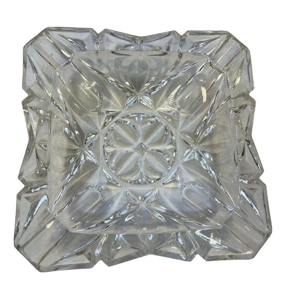 HEAVY Cut Glass Ashtray MCM Floral Square Four Dip
